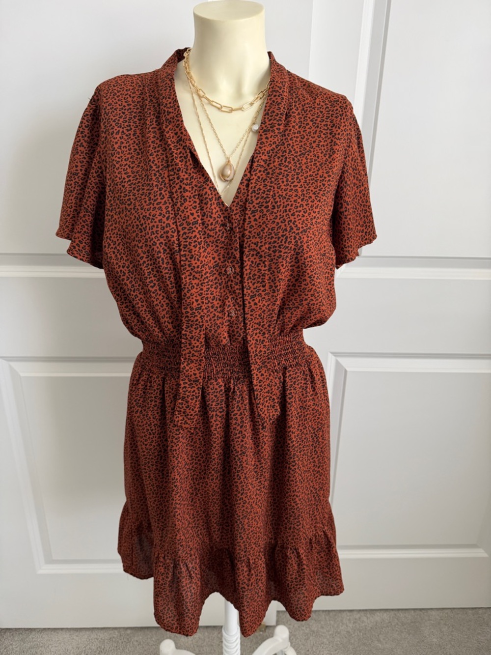 MINKPINK Animal‎ Print Mini Dress Rust Orange Smocked Waist Boho Fall Medium